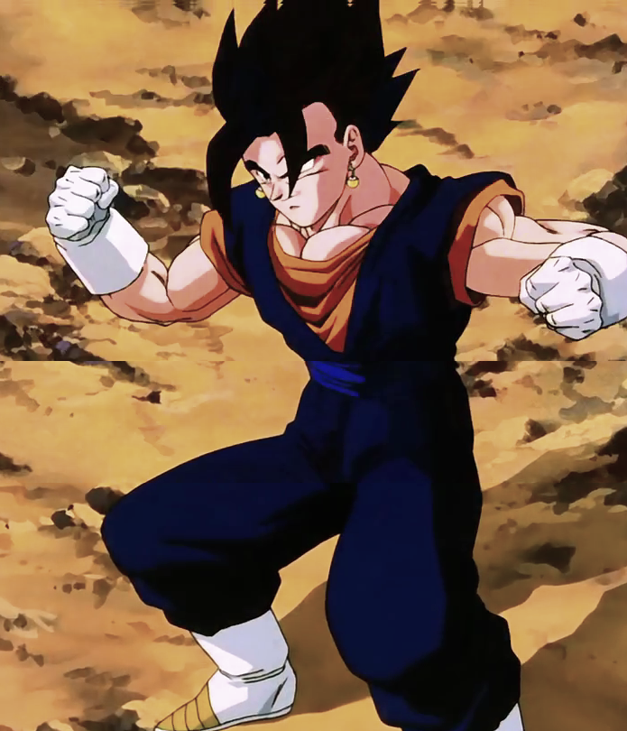 The anime character Vegito is a adult with to ears length black hair and bl...