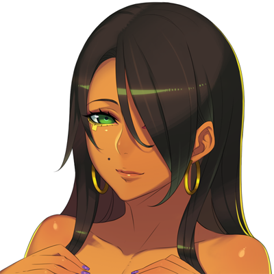 The h-game character Farah is a adult with to waist length black hair and g...